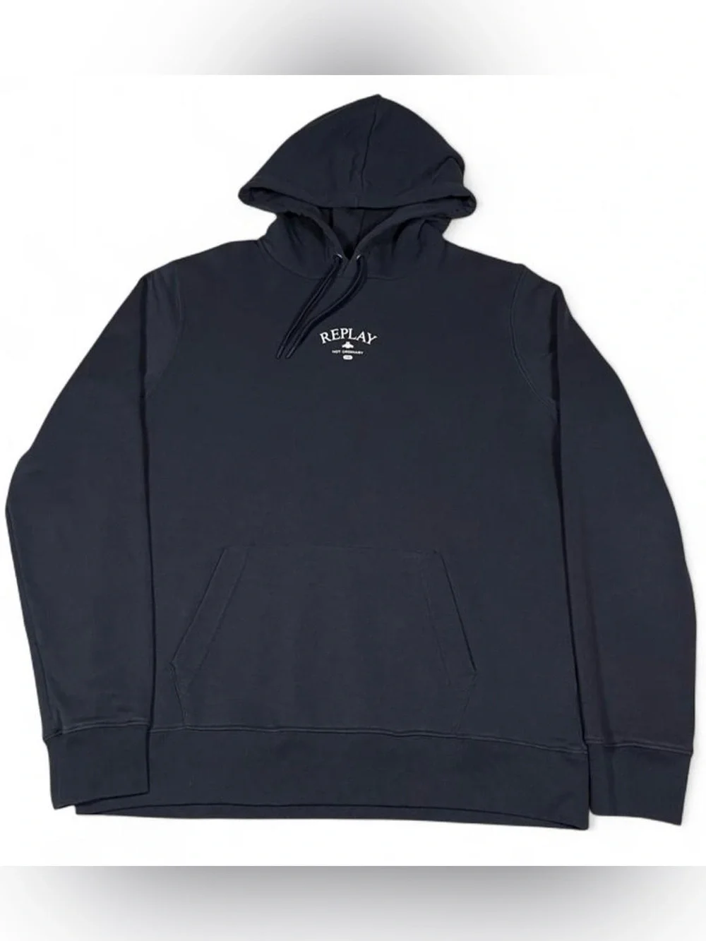 NWOT REPLAY Steel Blue Hoodie Size XL Pocket White Logo Streetwear Campus Winter